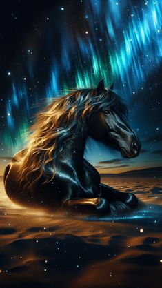 a horse laying on the ground in front of an auroral sky with stars and lights