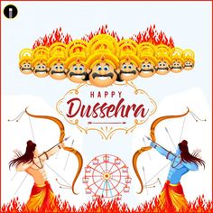 happy dussehana greeting card with two women holding bows and arrows in front of fire