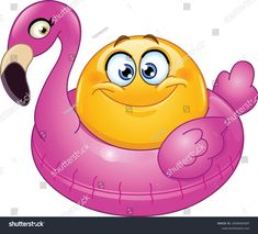 a cartoon flamingo floating on an inflatable floater with eyes wide open