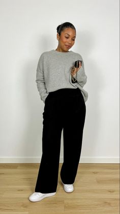 Cashmere sweater, wide leg tailored trousers, air jordans Wide Leg Pant And Sweater Outfit, 2023 Trouser Outfits, Midsize Black Pants Outfit, Highpoint Market Outfit, Black Business Casual Pants, Trousers And Sneakers Women, Sweater Outfits Office Wear, Wide Leg Pants Outfits Plus Size, Wide Pants Black Outfit