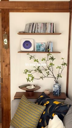 a living room with a couch, bookshelf and vases on the wall