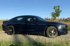 a black car parked on the side of a road in front of some tall grass