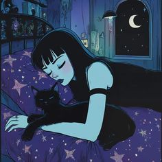 a woman laying in bed with a cat next to her and the moon above her