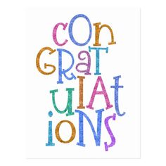 the words congratulate in multicolored letters on white paper with an orange and blue