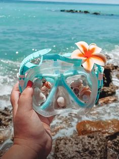 a person holding up a pair of goggles with seashells in the background