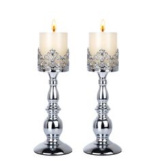 PRICES MAY VARY. ANTIQUE DESIGN: The top of candle holder comes with a skeleton style crown candle holders. The candle holder sets are perfect table centerpieces and would adding a elegant atmosphere to your home whether it is gothic, modern, rustic farmhouse or industrial. SMOOTH TOUCH: The large candle holders are made of high quality iron and has a smooth silver finish, which can be kept for years. The set of 2 candle holders all have padded bottom to prevent table scratches. PERFECT DECORATI Birthday Meditation, Large Table Centerpieces, Candles Gothic, Candle Stands Decor, Crown Candle Holder, Dinner Halloween, Candle Table Centerpieces, Silver Candle Holders, 2 Candle