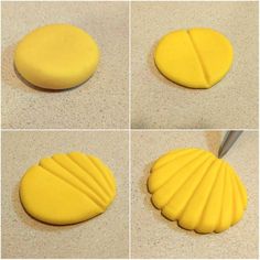 four images show how to make scallop cookies with fondant and icing