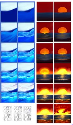 multiple images of the sun setting over water