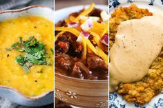 four different pictures with food in them including meat, rice and gravy on plates