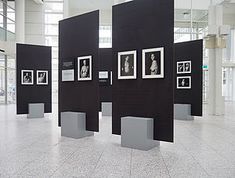 several black and white pictures are on display in an empty room