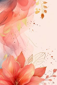 an abstract floral background with red flowers and gold leafy branches on the left side