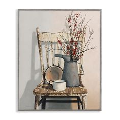 a painting of a chair and vase with red berries on the table next to it