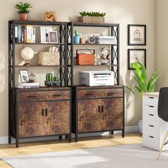 a living room filled with furniture next to a wall mounted book shelf and potted plant