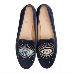 Zalo Embroidered Mystic Slipper Flats. Made In Brazil. Napa Leather Lining. Leather Sole. .75’ Leather Stack Heel. Velvet. No Box. Never Worn. Tried On. Very Comfortable. Fits More Like 7 1/2. Witchycore. Dark Academia. Eye Embroidery, Mystic Eye, Embroidered Flats, Velvet Flats, Embroidered Leather, Flats Patterns, Tory Burch Flats, Slingback Sandal, Stacked Heel