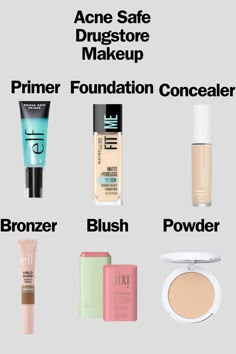 Acne Safe Foundation Drugstore, Primer Recommendation, Acne Safe Concealer, Acne Safe Powder, Makeup For Acne Skin, Foundation Recommendations, Elf Halo Glow Contour, Pixi Blush Stick, Base Makeup Products