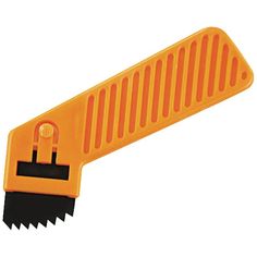 an orange and black comb is on a white background, with one blade sticking out of it's side