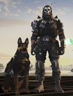 a man standing next to a dog on top of an airport tarmac with jet planes in the background