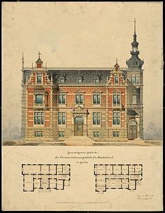 an old drawing of a building with two stories