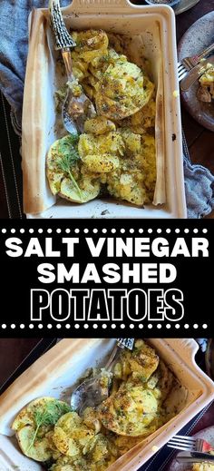 Collage of dish full of salt and vinegar smashed potatoes at top and bottom. Over Baked Potatoes, Easy Smashed Potatoes, Cajun Meatloaf, Salt And Vinegar Potatoes, Potatoes Easy, Salt And Vinegar, Smashed Potatoes, Scalloped Potatoes, How To Grill Steak