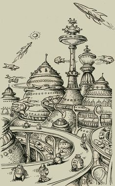 a drawing of an alien city with spaceships flying over it