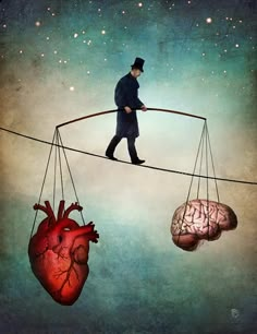 a man walking across a tightrope between two human heart shaped objects in the sky