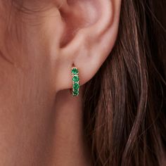 "14k emerald hoop earrings are made of 14k yellow gold. Material; 14k solid gold hoops Earrings measure , inner diameter is 10mm outer diameter is 13.45mm Round Emeralds: 12 pieces (for the pair) Emerald size : 2.5mm Emeralds are lab grown It is a great birthday gift for your special ones whose birthday are in May, since Emerald is May birthstone. This solid gold hoop earring makes a perfect present for your anniversaries. Emerald is especially 20th and 50th anniversary stone. As the stone of th Emerald Hoop Earrings, Gold Hoops Earrings, Gold Bridal Jewelry, Redlands California, Jewelry Emerald, Fancy Jewelry Necklace, Small Workshop, Hoops Earrings