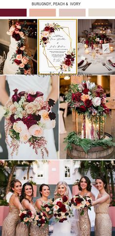 the wedding color scheme is burgundy, peach and ivory