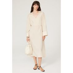 Brown tencel (100% Tencel Lyocell). Hourglass. Long sleeves V-neck. Pull on. 39" from shoulder to hemline. Imported. Cream Long Sleeve Daywear Dress, Cream V-neck Maxi Dress For Daywear, Beige V-neck Cotton Maxi Dress, Long-sleeved Cream Summer Robe, Beige Cotton V-neck Midi Dress, Slouchy Bag, Statement Sleeves, Rent The Runway, Closet Designs