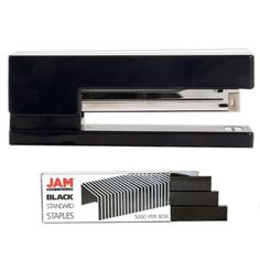 a black stapler is next to a package of staples on a white background with an ad for jam