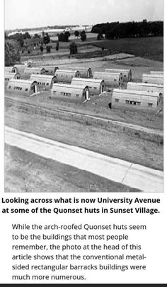 an old black and white photo with the caption looking across what is now university avenue at some of the questet huts in sunset village