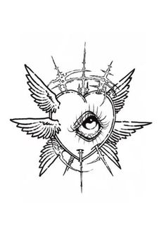 an eye with wings on it is drawn in black and white, as well as the word