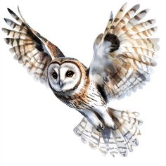 an owl flying through the air with its wings spread