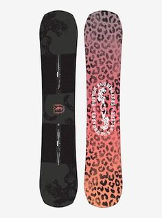 a snowboard with an animal print design on the bottom and bottom part, both in pink and black