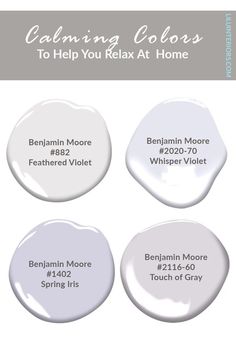 four different shades of white paint with the words calming colors to help you relax at home