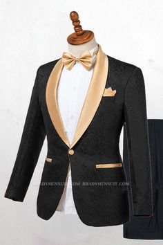 Shop Josiah Handsome Black One Button Wedding Mens Gold Lapel Suit from BradyMensuits. Free shipping available. View our full collection of Black Shawl collar wedding suits available in different colors with affordable price. Mens Black And Gold Tuxedo Jacket, Ceremony Tuxedo Blazer With Suit Collar, Ceremony Tuxedo Blazer With Notch Lapel, Luxury Black Suit For Ceremony, Black Tuxedo Suit For Ceremony, Black Tuxedo Blazer For Ceremonies, Gold Fitted Three-piece Suit For Formal Occasions, Elegant Blazer With Suit Collar For Ceremonies, Elegant Gold Suits For Ceremony