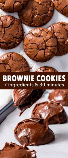 brownie cookies with chocolate frosting are on a baking sheet and the words, brownie cookies 7 ingredients & 30 minutes