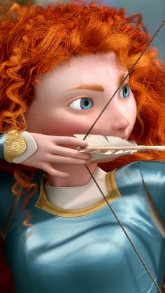 a red haired girl with blue eyes holding an arrow