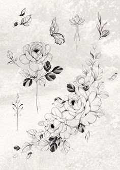 black and white drawing of flowers with butterflies