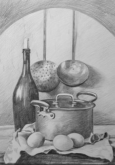 a drawing of a pot, bottle and eggs on a table with a cloth next to it