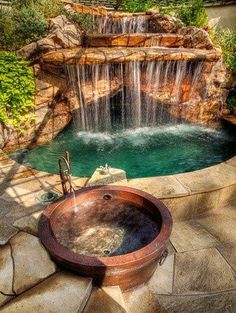 Amazing Snaps: Backyard Oasis with hot tub and waterfall pool #Woodcrafts Cave Water, Waterfall Pool, Backyard Spa, Garden Spa, Cave Pool, Outdoor Hot Tub, Taman Air, Spa Luxury, Custom Pool