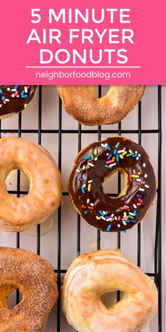 five donuts on a cooling rack with text overlay that reads 5 minute air fryer doughnuts