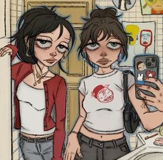 two young women standing next to each other in front of a bathroom mirror holding cell phones