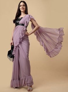 Buy Designer Purple Ruffle Saree With Sequins Black Blouse Piece Online in India - Etsy Solid Saree, Sequin Belt, Sequins Blouse, Saree Floral, Gown Suit, Ruffle Saree, Brocade Blouses, Shade Of Purple