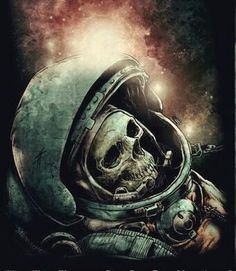 a skull in an astronaut's helmet with space in the background