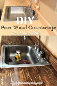 a kitchen sink and counter with the words diy faux wood counters for under $ 50