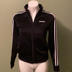 Adidas Nylon Jacket In Black/White Size Xs (4/6). Adidas Three Stripe Logo Jacket With Zipper Closure And Front Pockets. Adidas Fitted Sporty Track Jacket, Adidas Sporty Fall Outerwear, Adidas Fitted Casual Track Jacket, White Fitted Adidas Outerwear, Fitted Casual Adidas Track Jacket, Fitted White Adidas Outerwear, Fitted Adidas Winter Track Jacket, Fitted Adidas Track Jacket For Winter, Adidas Fitted Hooded Outerwear