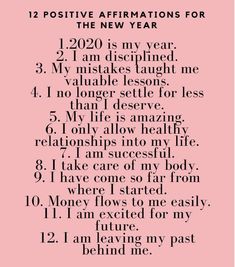 a pink poster with the words, twelve positive affirmations for the new year