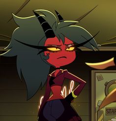 a cartoon character with long hair and an evil look on her face, standing in a dimly lit room