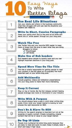 the ten steps to writing better blogs info sheet with an orange and white background