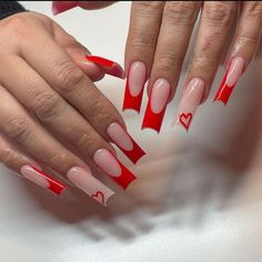 Cute Red Nails, Red And White Nails, Red Acrylic Nails, Red French, Fake Nails With Glue, Red Nail Designs, Unique Acrylic Nails